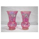 PAIR OF PAINTED CRANBERRY GLASS VASES - 8"
