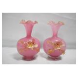 PAIR ART GLASS PINK VASES - 6 1/2"