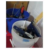 2 BUCKETS OF HOUSEHOLD TOOLS: CAULK GUNS, GARDEN