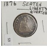1876 SEATED QUARTER  VF