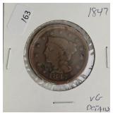 1847 LARGE CENT  VG DETAILS