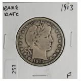 1913 BARBER HALF DOLLAR  F RARE DATE