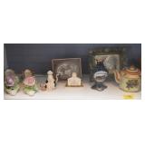 GROUPING: PORCELAIN TEA POTS, MINITURE PRINTS, FIG