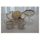 8 PC. GOLD RIMMED CRYSTAL BERRY BOWL SET, COMPOTE,