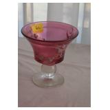 6 1/2" HAND PAINTED CRANBERRY GLASS COMPOTE