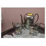 3 PC. REVERE PEWTER TEA POT, SUGAR AND CREAMER