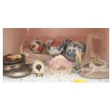 GROUPING: CRYSTAL FIGURINES, PAINTED GLASS BALLS,