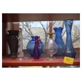 GROUPING: BLUE GLASS VASES, PERFUME BOTTLE, ETC.