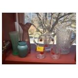 GROUPING: VASES, PATTERN GLASS PITCHER, HAND PAINT