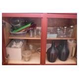 GROUPING: BROWN GLASS BOTTLES, PITCHER, GLASS SHAD