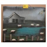 PAINTING ON WOOD OF SHEEP IN BARNYARD