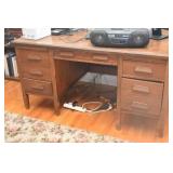 VINTAGE WOODEN OFFICE DESK WITH OFFICE SUPPLIES AN
