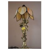 BRASS FIGURINE LAMP WITH SLAG GLASS SHADE