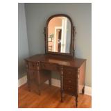 ANTIQUE MAHOGANY VANITY TABLE WITH MIRROR AND STOO