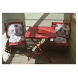 VINTAGE METAL FOLDING TABLE AND 2 FOLDING CHAIRS