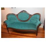 67" VICTORIAN WALNUT SOFA - CARVED BACK - GREEN