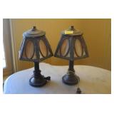 PAIR SPELTER BASE/SLAG GLASS BOUDOIR LAMPS