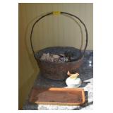 GROUPING: TOWEL RACK, BASKET OF SHELLS, "CHELSEA B