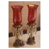 PAIR OF ETCHED CRANBERRY GLASS BOUDOIR LAMPS