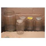 5 VINTAGE STORAGE JARS, SALT & PEPPER, ETC.