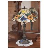 CAST BRONZE LAMP WITH STAINED GLASS SHADE
