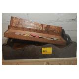 CARVED PENCIL BOX WITH BUTTONS AND DECORATIVE