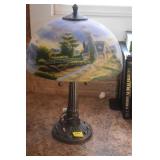 BRONZE BASE LAMP WITH PAINTED GLASS SHADE