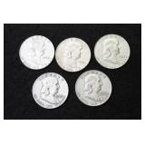 5 FRANKLIN SILVER HALF DOLLARS