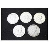 5 FRANKLIN SILVER HALF DOLLARS