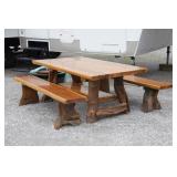 TEAKWOOD TABLE AND 2 BENCHES