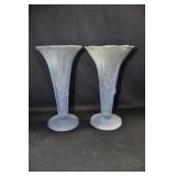 PAIR ART NOUVEAU VASES -- 8" BLUE SATIN GLASS