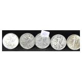 5 WALKING LIBERTY 1/2 S, 1935, 1945, 1947, 1935,