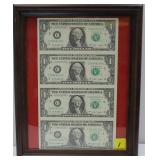 4 - 2009 $1 BILLS - UNCUT - FRAMED GLASS IS