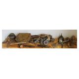 CONTENTS OF WOOD SHELF: CLAW HAMMER, SAUSAGE