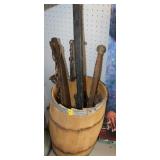 WOODEN NAIL KEG WITH HORSE HAYNES, LOG ROLLER,