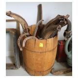 WOODEN NAIL KEG WITH HORSE HAYNES AND HORSE SHOES