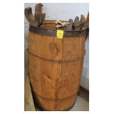 WOODEN NAIL KEG WITH LARGE OPEN END WRENCHES,