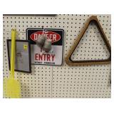 GROUPING: DANGER SIGN, BABY SHOES, POOL TABLE