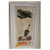 "CHAMPION SPARK PLUGS" FRAMED ADVERTISEMENT