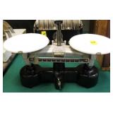 CENCO BALANCE SCALE WITH MILK GLASS TRAYS -