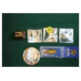 GROUPING: 3 TOY WATCHES, FISHING PLUG, COPPER