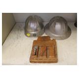 2 ALUMINUM HARD HATS AND 1 LEATHER TOOL POUCH