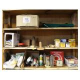 CONTENTS OF SHELVES: STAINS, CAULK, TOOL BOX,
