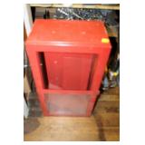 RED METAL DISPLAY CASE - MISSING 1 PIECE OF GLASS