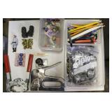 GROUPING: STAPLE GUN, BOTTLE CAPS, TOY FIGURES,
