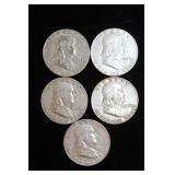 5 FRANKLIN SILVER HALF DOLLARS