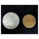 1898 INDIAN HEAD PENNY AND 1955- 100 FRANC COIN