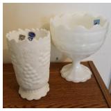 MILK GLASS VASE AND MILK GLASS COMPOTE VASE IS