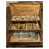 GOLD JEWELRY BOX WITH COSTUME JEWELRY NECKLACES,