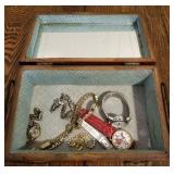 WOODEN TRUNK JEWELRY BOX WITH WRIST WATCHES AND